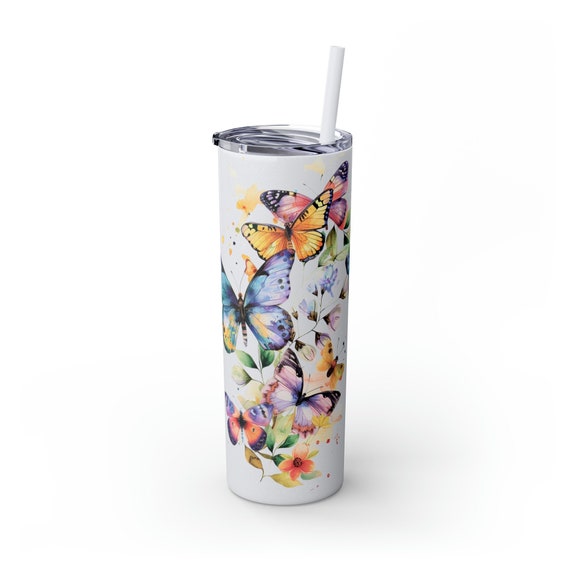 Watercolor Butterfly Skinny Tumbler with Straw, 20oz, Butterfly Gifts, Butterfly Tumbler, Butterfly Tumbler, Butterfly Gift Women