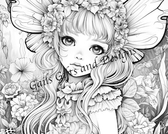 Fairy with Flowers Coloring Page for Adults Downloadable File Book Five, Amazing Fairy, Fairycore fairy with Flowers and a Ladybug