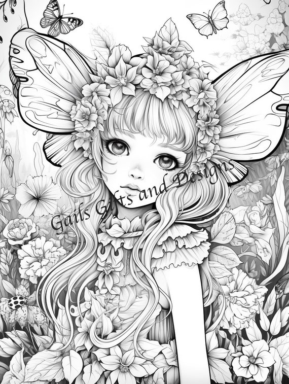 Fairy with Flowers Coloring Page for Adults Downloadable File Book Five, Amazing Fairy, Fairycore fairy with Flowers and a Ladybug