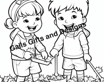 Boy and Girl Raking Leaves Coloring Page for Instant Download, Cute coloring page of a boy and a girl laughing and raking leaves