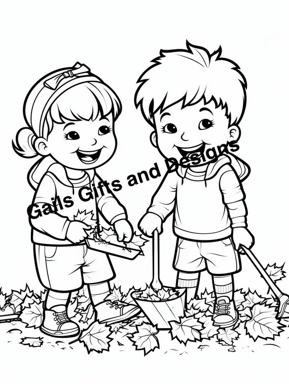 Boy and Girl Raking Leaves Coloring Page for Instant Download, Cute coloring page of a boy and a girl laughing and raking leaves