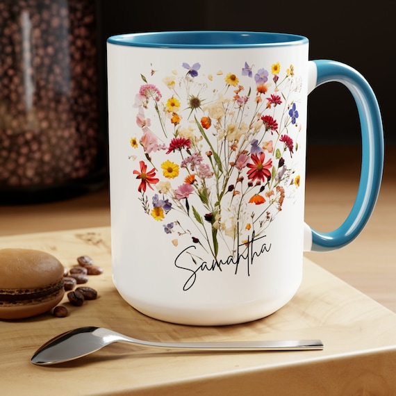 Personalize this Boho Wildflower Coffee Cup with your name in Script, Custom cup, custom Wildflower mug, boho wildflowers, floral cup