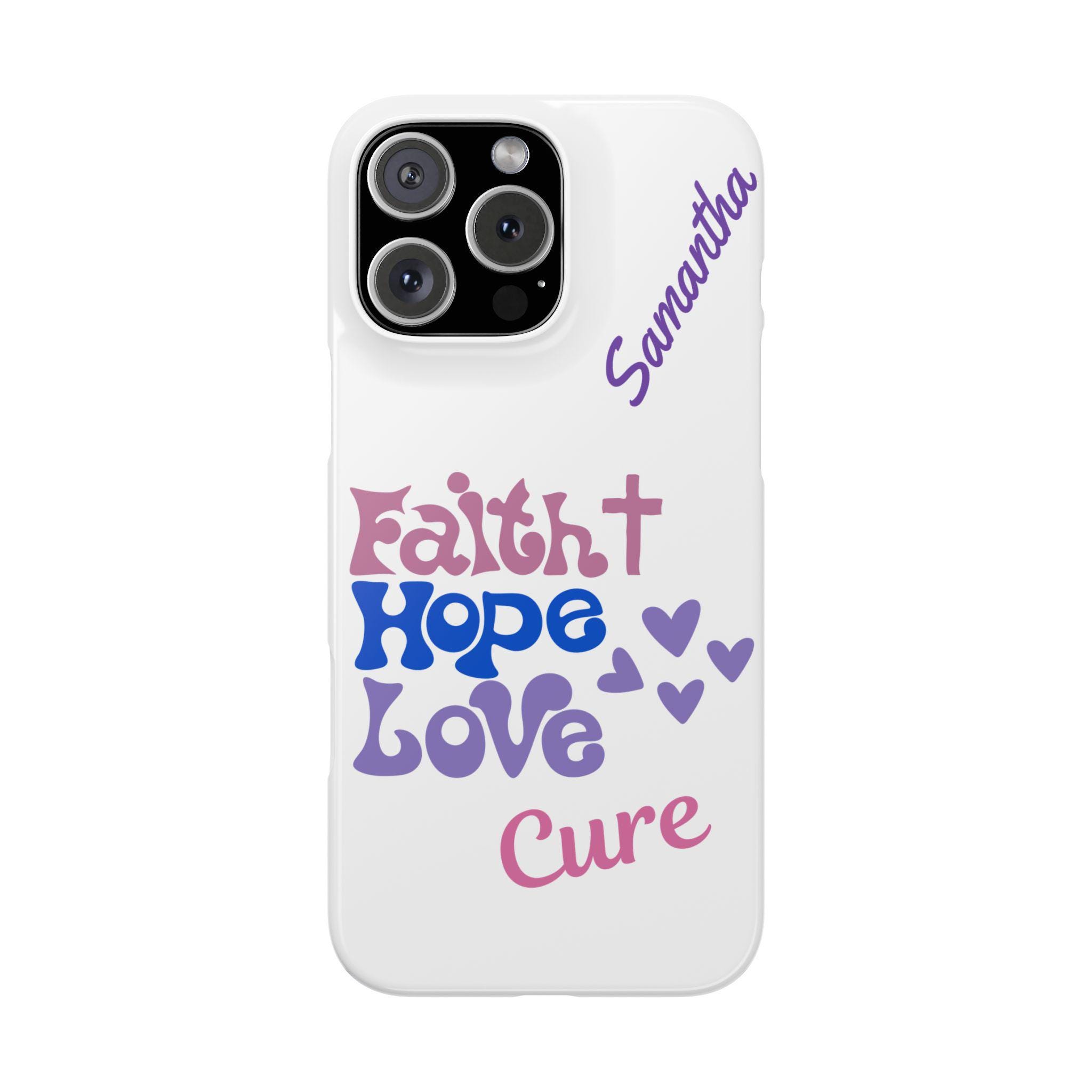 Custom Faith Hope Love Cure iPhone 16, iPhone 15, iPhone 14, iPhone 13, iPhone 12 Phone Cases. Personalization is Optional