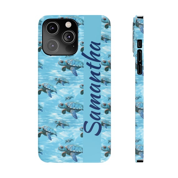 Personalized Cute Baby Sea Turtle iPhone 14 Phone Cases. Custom name on Baby Sea Turtles in a crystal Blue Ocean. Beach Lovers,Turtle Lovers