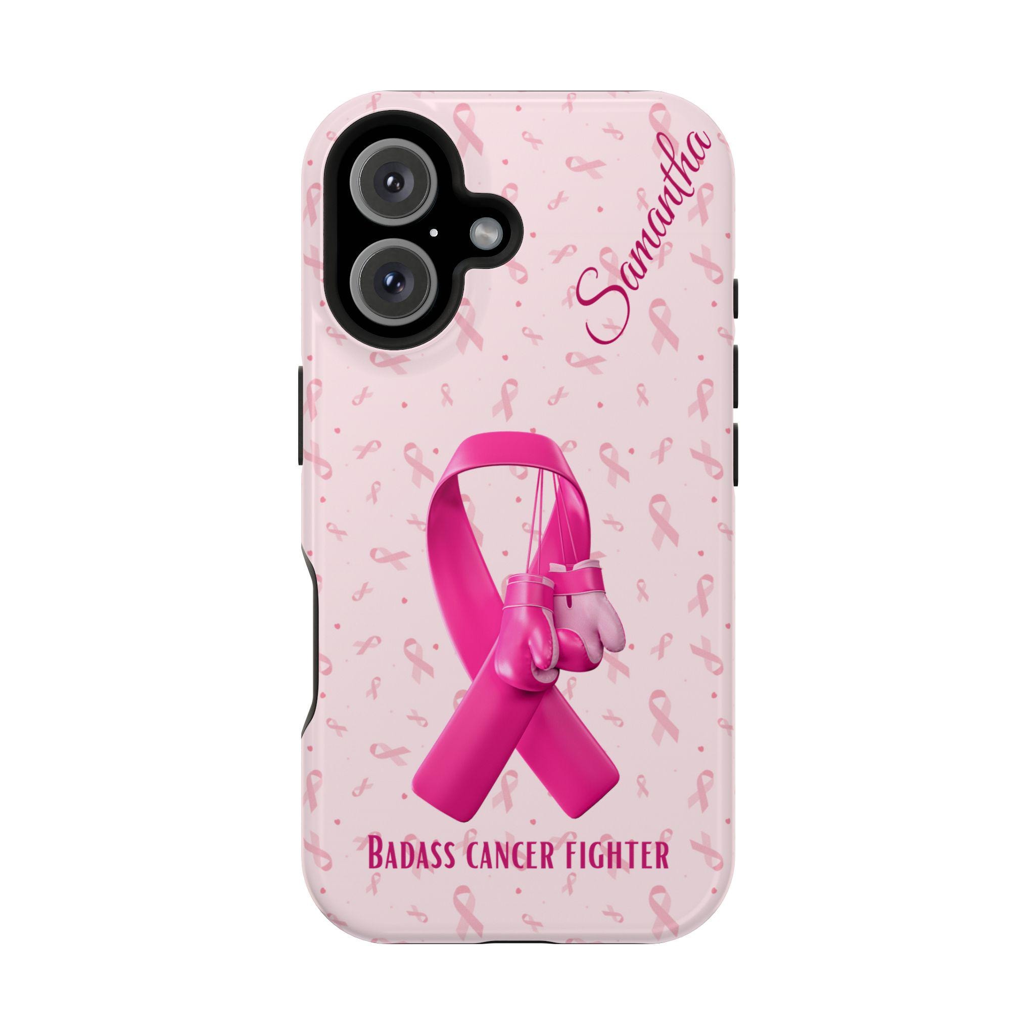 Badass Breast Cancer Fighter Magnetic Safe Tough iPhone 16, 15, 14, 13 Cases With Optional Personalization. iPhone 16 case. iPhone 15 Case