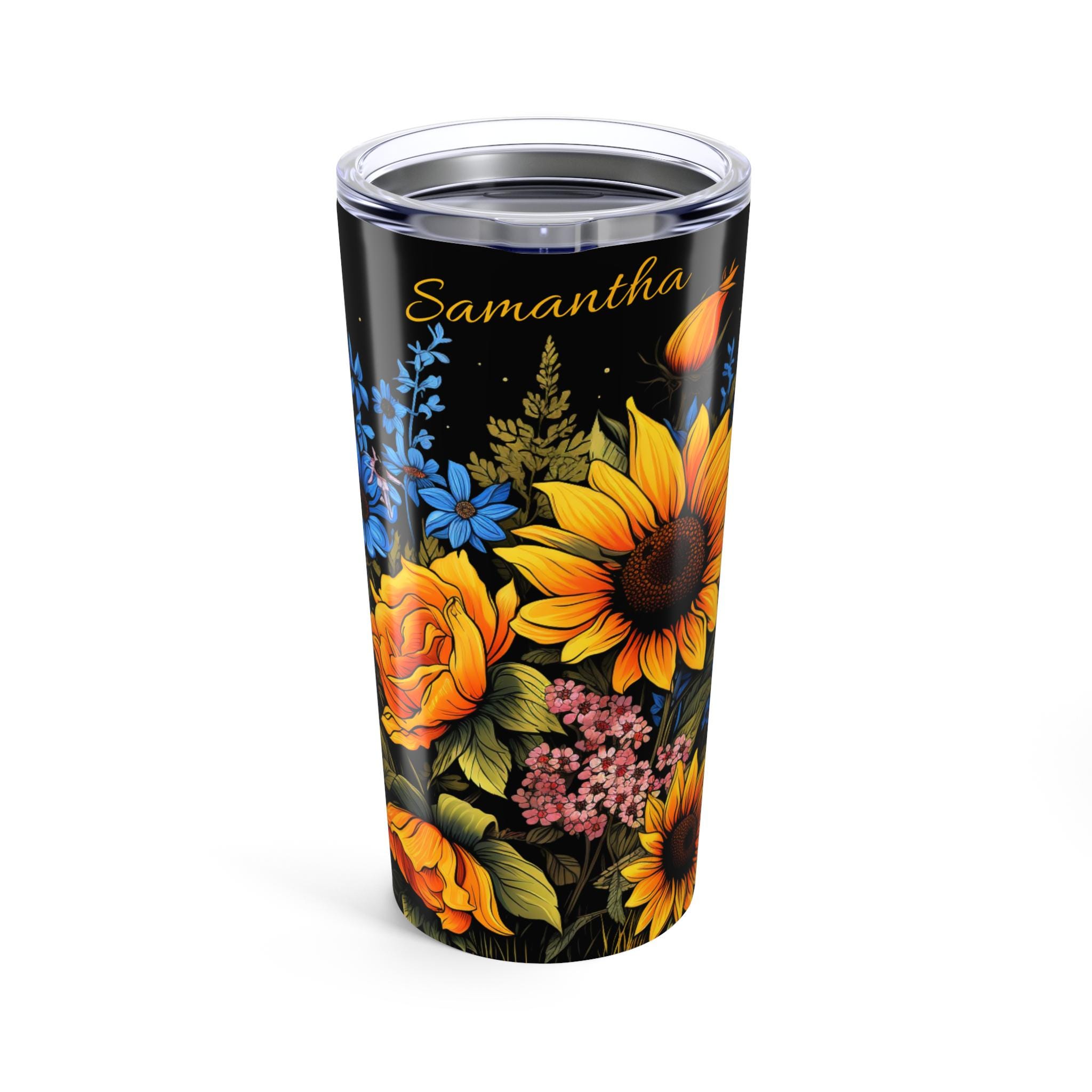 Personalized Vintage Sunflowers Tumbler 20oz. Custom Travel Mug for your favorite Sunflower lover, Gardener, Teacher or Mom