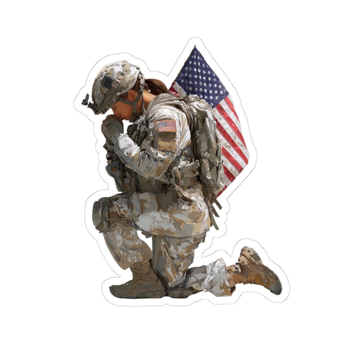 Praying Soldier Woman Sticker with Transparent or White Edges. Add this amazing praying American soldier to your bottle, computer or books!