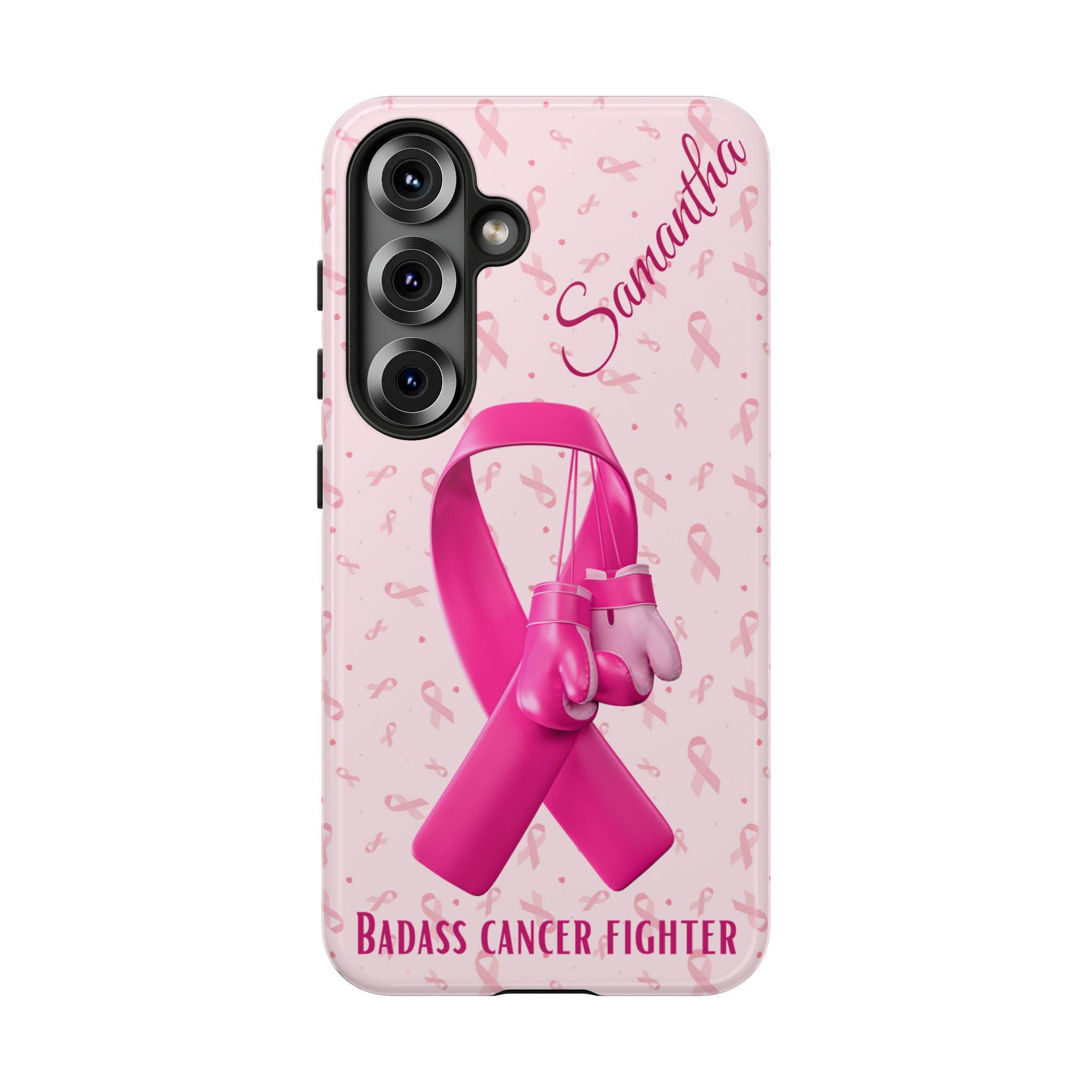 Badass Breast Cancer Fighter Samsung Galaxy S25, S24, S23, S22, S21 phone case with Optional Personalization. Samsung case, Cancer Awareness
