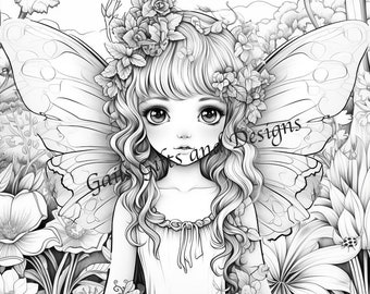 Cute Fairy with Butterflies Coloring Page for Adults Downloadable File Book Six, Amazing Fairy, Fairycore fairy with Flowers and a Ladybug.