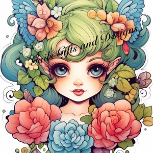 Cute Fairy Child with Flowers Coloring Page for Adults Book One, Amazing Fairy, Fairycore fairy with Flowers, Downloadable File image 2