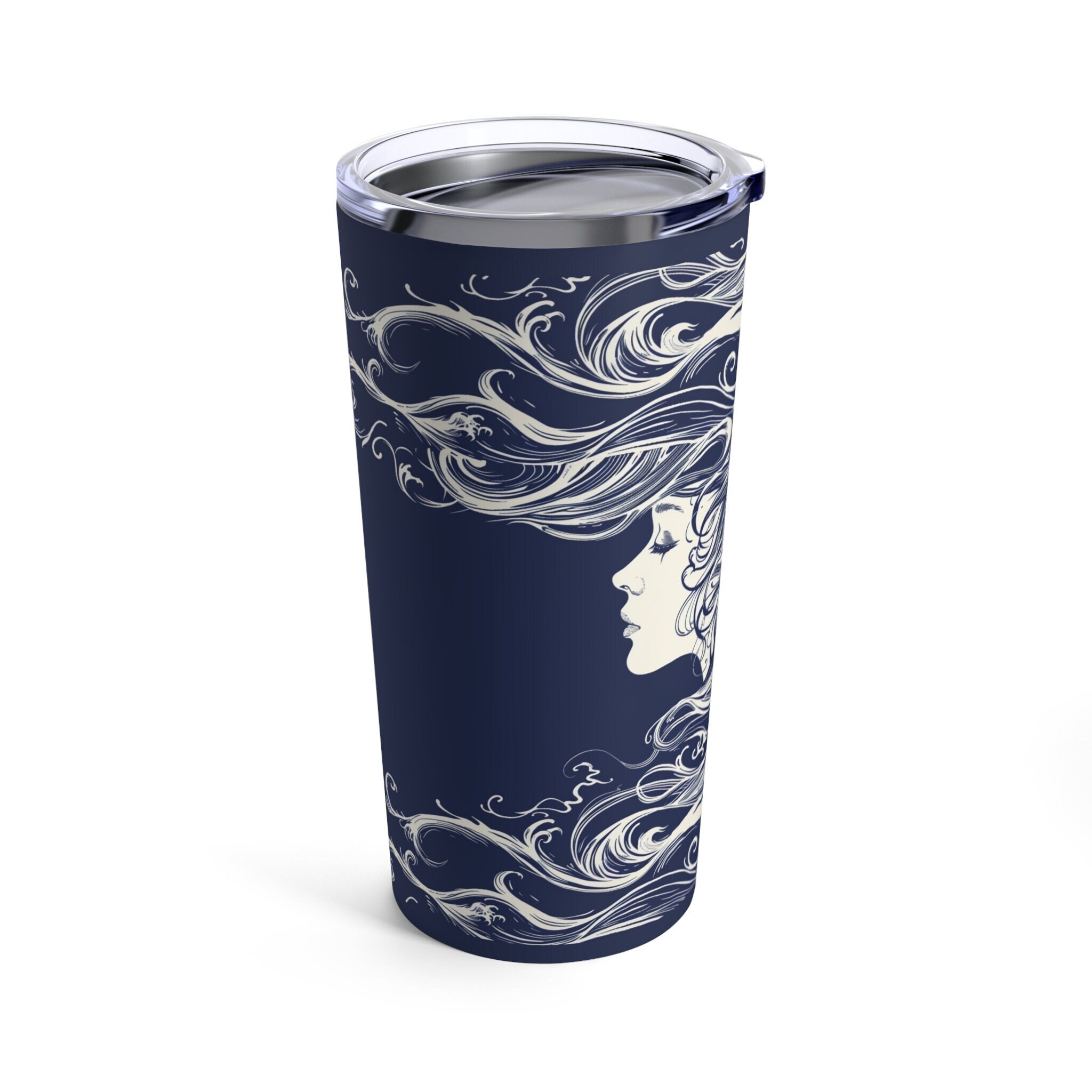 Siren with Ocean Hair Tumbler 20oz, Terrific hand drawn design with a woman with long hair like ocean waves Travel Mug