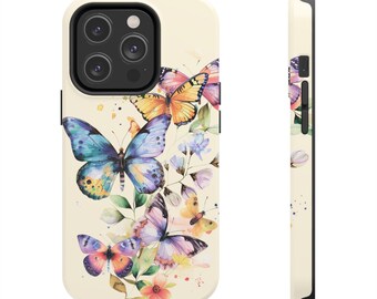 Fundas para iPhone 14 con mariposas de acuarela, hermosas flores en colores florales. Cottagecore, cuento de hadas