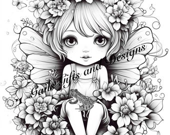 Cute Fairy Child with Frog Coloring Page for Adults Downloadable File Book Four, Amazing Fairy, Fairycore fairy child with Flowers and Frog