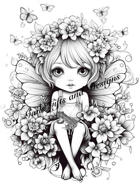 Cute Fairy Child with Frog Coloring Page for Adults Downloadable File Book Four, Amazing Fairy, Fairycore fairy child with Flowers and Frog