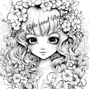 Cute Fairy with Flowers Coloring Page for Adults Downloadable File Book Three, Amazing Fairy, Fairycore fairy with Flowers image 1