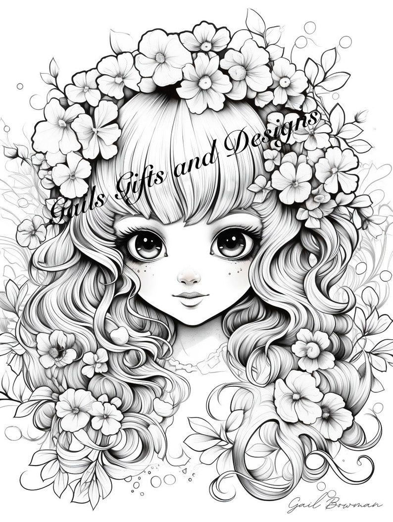 Cute Fairy with Flowers Coloring Page for Adults Downloadable File Book Three, Amazing Fairy, Fairycore fairy with Flowers image 1