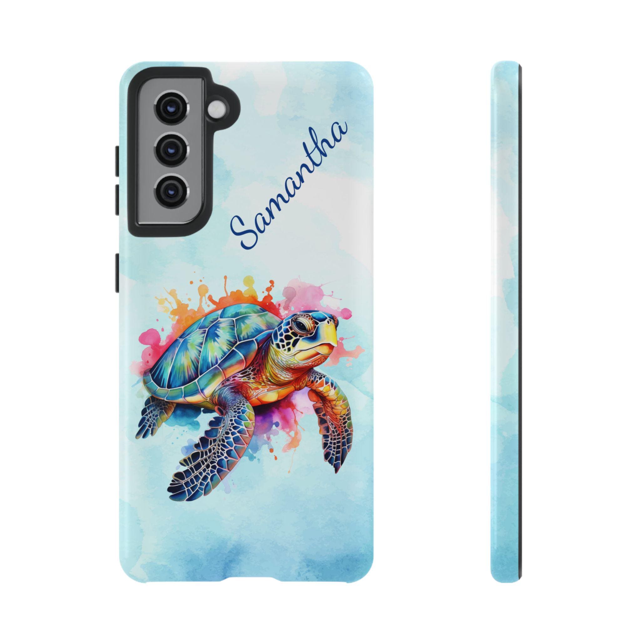 Sea Turtle Samsung Galaxy S21, S22, S23, S24 Phone Cases with Optional Personalization. Colorful watercolor sea turtle, sea turtle lover