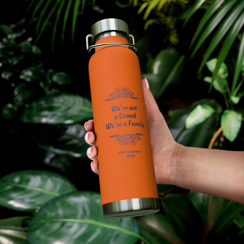 Personalized We're a Family Copper Vacuum Insulated Bottle, 22oz. Custom Family Reunion bottle, Custom Church group bottle Orange