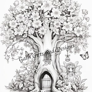 Fairies Book of 5 Coloring Pages for Adults Downloadable File Book Six, Amazing Fairycore fairy with Flowers, Toadstools and a Tree House image 5