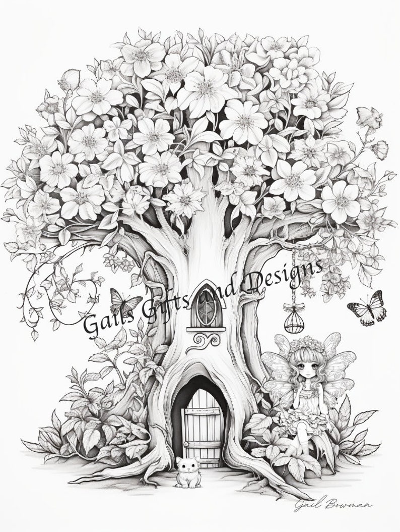 Fairies Book of 5 Coloring Pages for Adults Downloadable File Book Six, Amazing Fairycore fairy with Flowers, Toadstools and a Tree House image 5