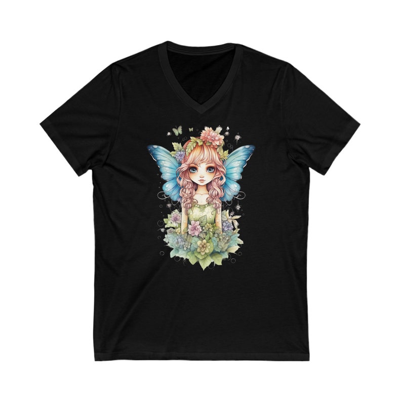 Fairy with Blue Wings V-Neck t-shirt. Amazing Pretty Fairycore fairy in beautiful Flowercore colors Black
