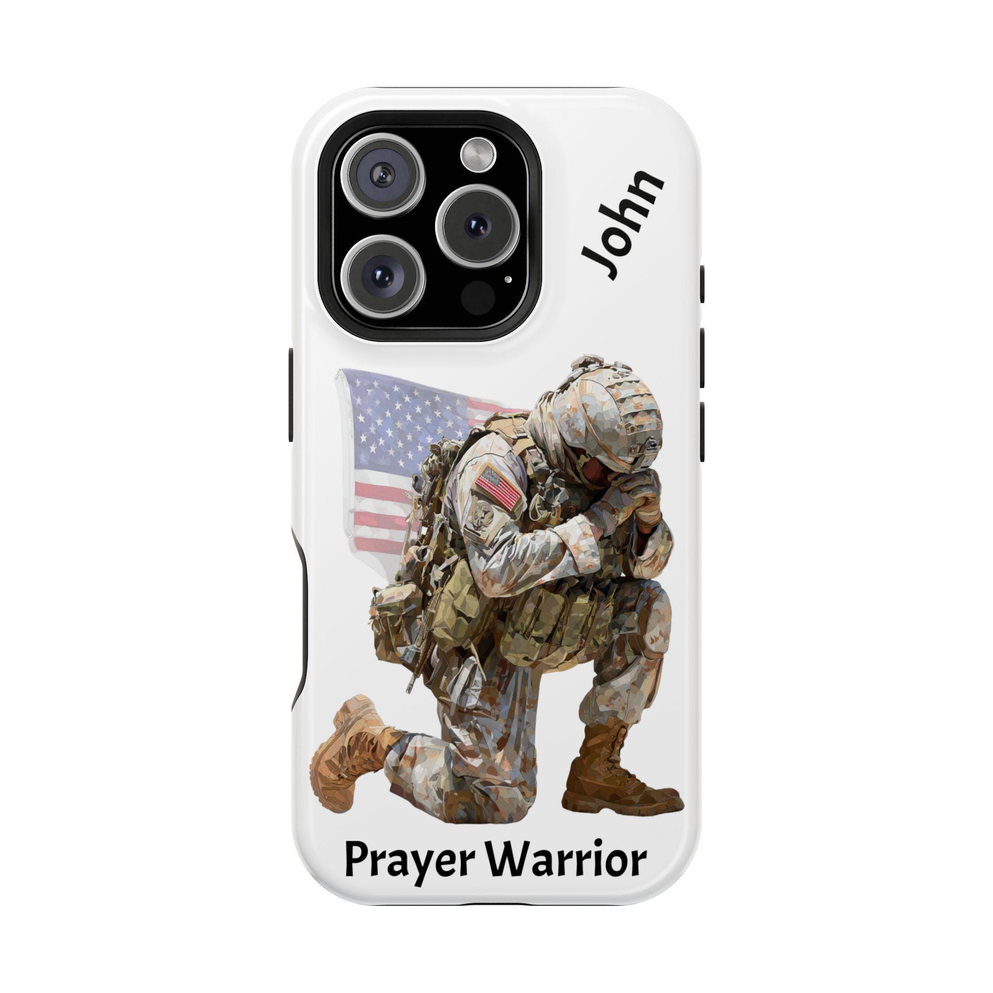 Prayer Warrior Soldier Man Personalized Magnetic Safe Tough iPhone 16, iPhone 15, iPhone 14 and iPhone 13 Cases. Christian Man, Father, Dad
