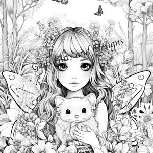 Fairies Book of 5 Coloring Pages for Adults Downloadable File Book Six, Amazing Fairycore fairy with Flowers, Toadstools and a Tree House image 4