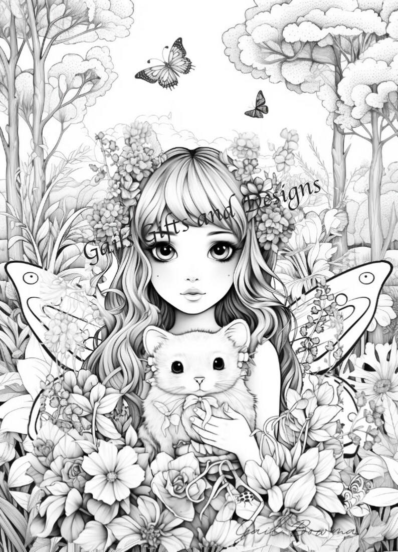 Fairies Book of 5 Coloring Pages for Adults Downloadable File Book Six, Amazing Fairycore fairy with Flowers, Toadstools and a Tree House image 4