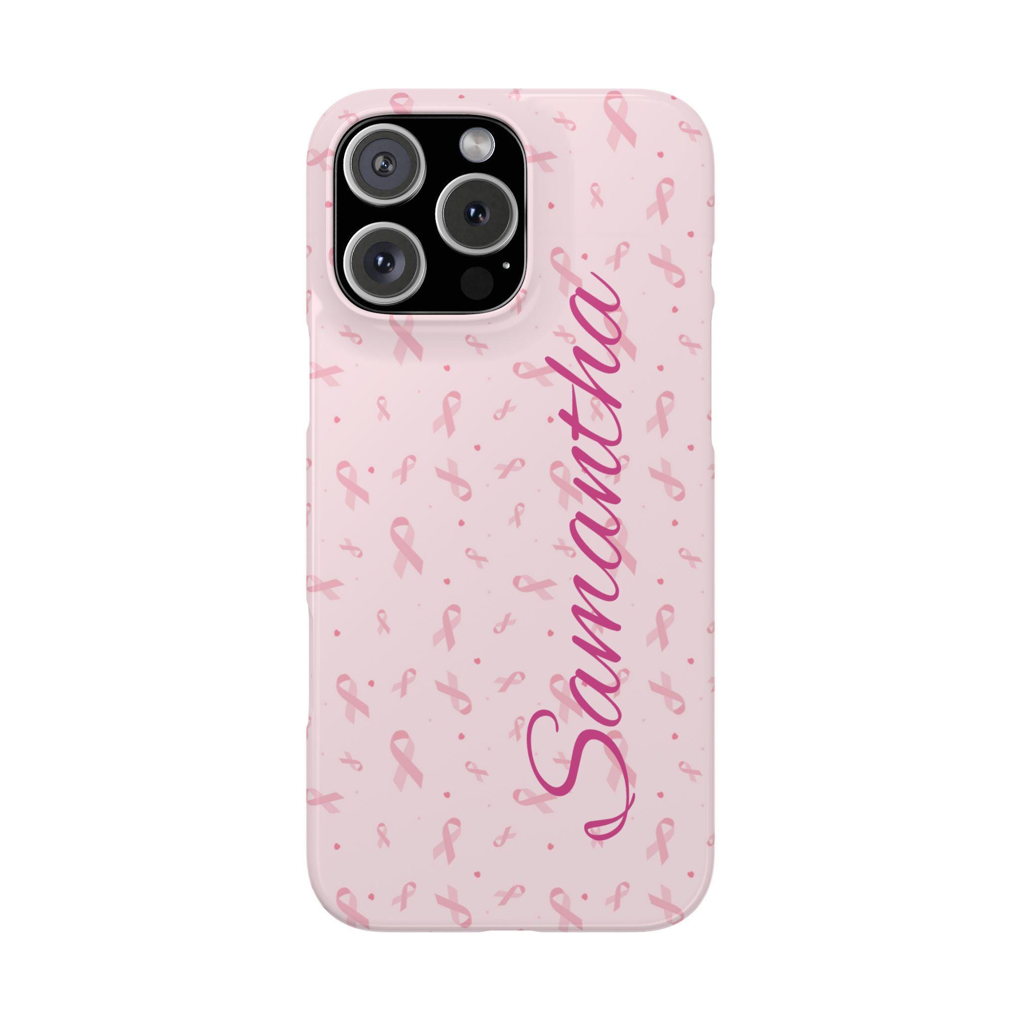 Personalized Breast Cancer iPhone 16, iPhone 15, iPhone 14, iPhone 13, iPhone 12 Cases. Personalize for yourself or a cancer warrior