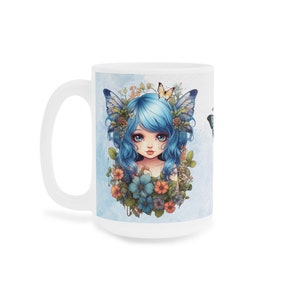 Blauwe Fee Koffiekopje 15/20 oz. Geweldige mooie blauwe Fairycore-fee in prachtige Flowercore-kleuren afbeelding 7