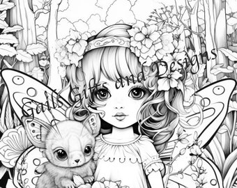 Fairy with a furry Pet Coloring Page for Adults Downloadable File Book Five, Amazing Fairy, Fairycore fairy with Flowers and a Ladybug.