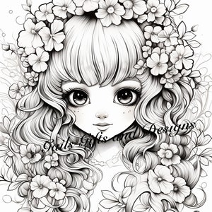 Cute Fairy with Flowers Coloring Page for Adults Downloadable File Book Three, Amazing Fairy, Fairycore fairy with Flowers image 2