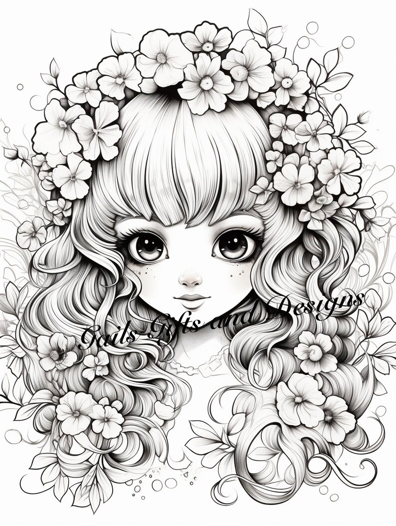 Cute Fairy with Flowers Coloring Page for Adults Downloadable File Book Three, Amazing Fairy, Fairycore fairy with Flowers image 2
