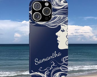 Coque personnalisée Femme aux cheveux océan pour iPhone 17, 16, 15, 14, 13, 12. Coque iPhone personnalisée cheveux flottants.