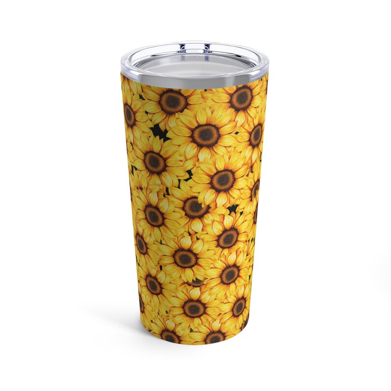 All About Sunflowers Tumbler 20oz, sunflower cup, botanical, sunflower lover, boho sunflowers, cottagecore, vintage floral , floral graphic image 1