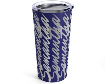 Personalized Name Silvery Grey on Blue Tumbler 20oz, Custom Name Tumbler, Silver name, Add your own text Travel Mug, Custom Name Tumbler