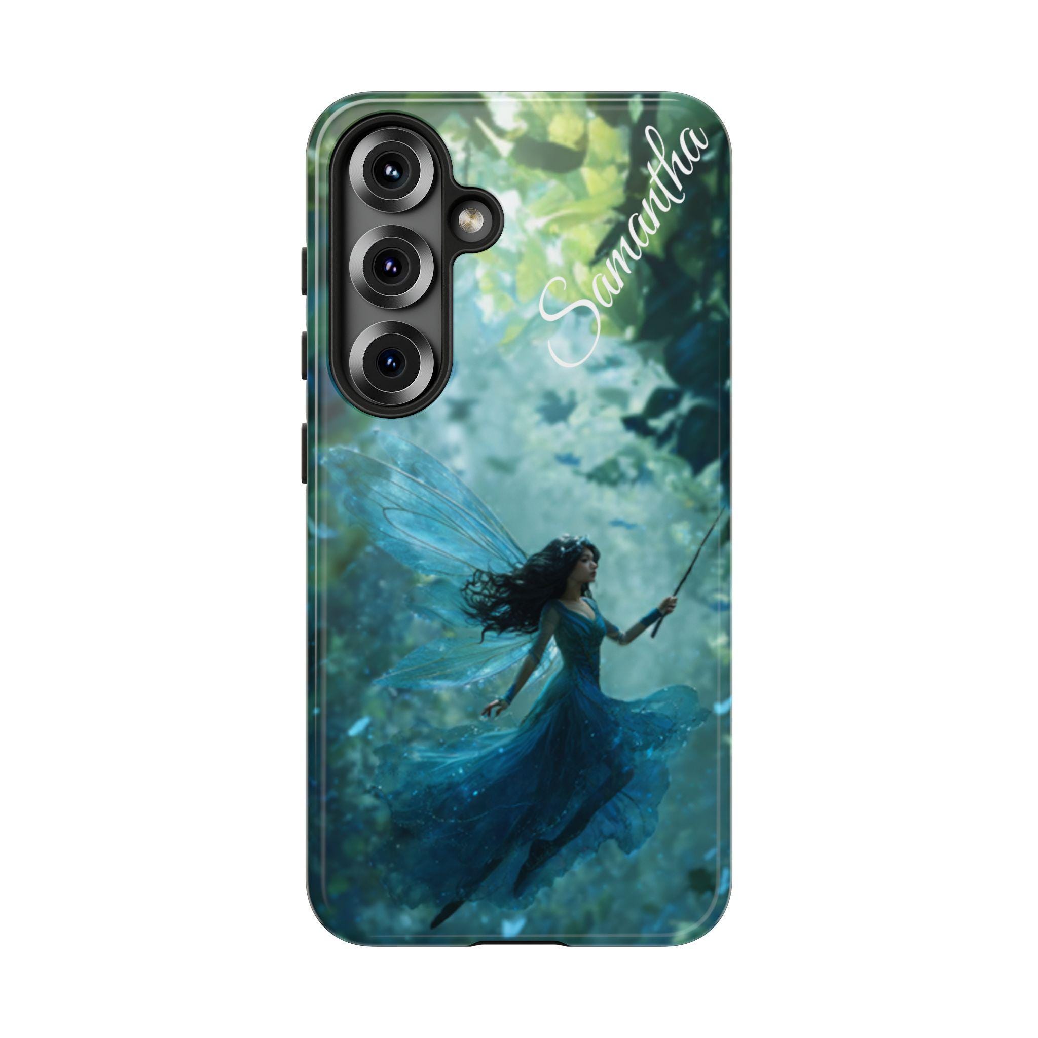 Blue Fairy Personalized Samsung Galaxy S25, S24, S23, S22, S21 phone case. Custom name is optional. Amazing Blue Fairycore fairy.