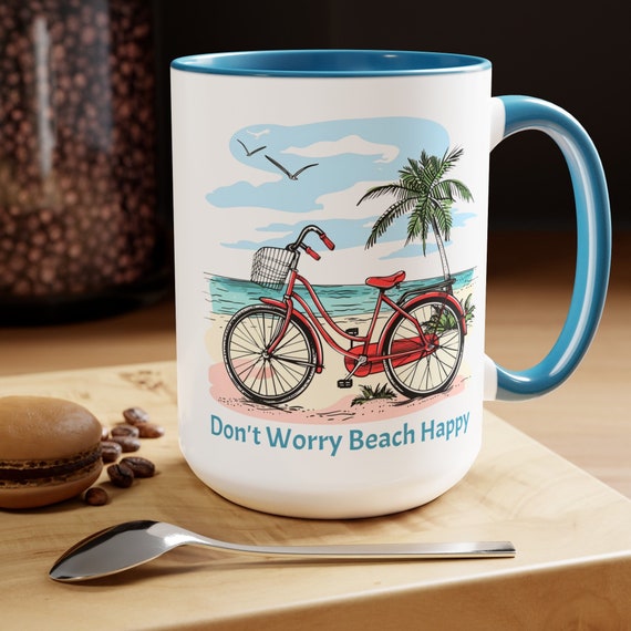 Retro Red Beach Bike, Don't Worry Beach Happy Coffee Cup, 15oz. Beach Bike coffee cup. Great gift for Mom. Great beach gift.