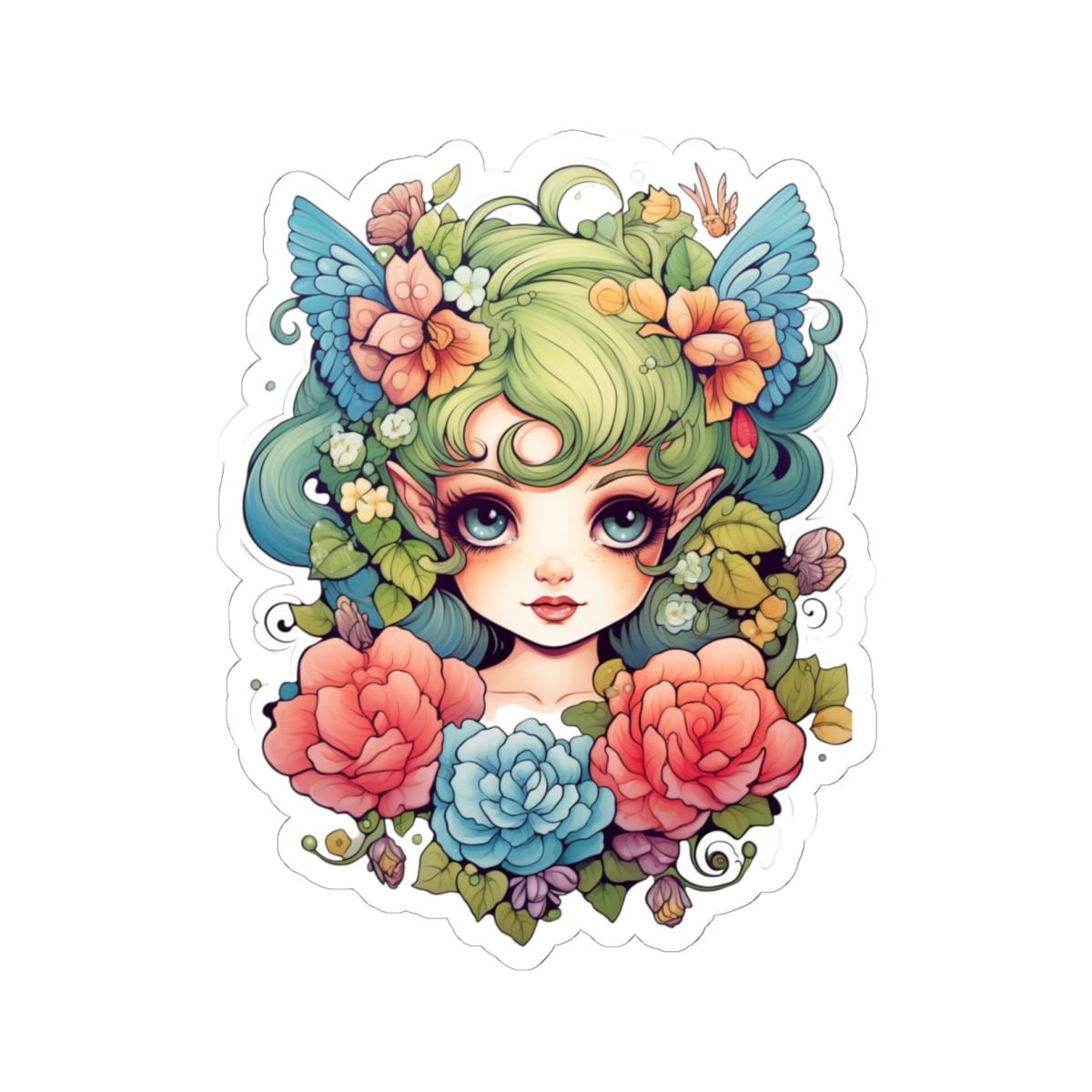 Cute Green Fairy Sticker with Transparent or White edges,  Pretty Green Fairycore fairy in beautiful Flowercore colors