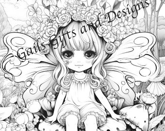 Fairy with Toadstools Coloring Page for Adults Downloadable File Book Five, Amazing Fairy, Fairycore fairy with Flowers and a Ladybug.