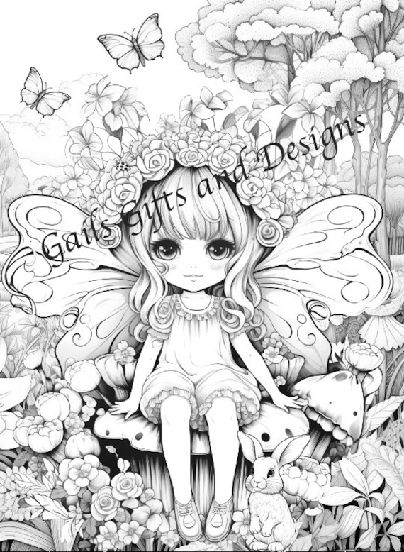 Fairy with Toadstools Coloring Page for Adults Downloadable File Book Five, Amazing Fairy, Fairycore fairy with Flowers and a Ladybug.