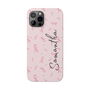 Personalized Breast Cancer iPhone 12 Phone Cases. Personalize this custom iPhone 15 case for yourself or your favorite cancer warrior image 3