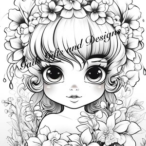 Cute Fairy Child with Flowers Coloring Page for Adults Book One, Amazing Fairy, Fairycore fairy with Flowers, Downloadable File image 1