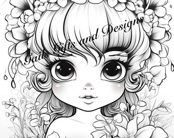 Cute Fairy Child with Flowers Coloring Page for Adults Book One, Amazing Fairy, Fairycore fairy with Flowers, Downloadable File