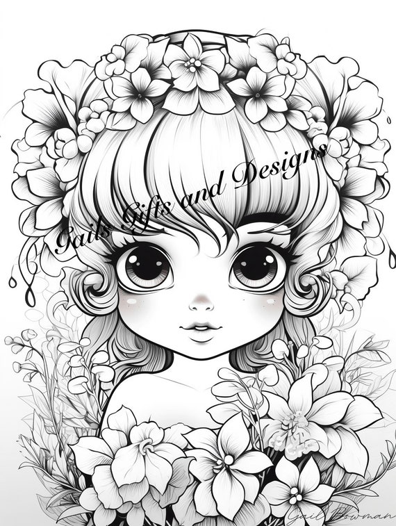 Cute Fairy Child with Flowers Coloring Page for Adults Book One, Amazing Fairy, Fairycore fairy with Flowers, Downloadable File