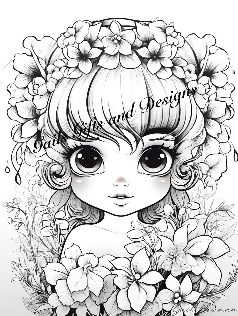 Cute Fairy Child with Flowers Coloring Page for Adults Book One, Amazing Fairy, Fairycore fairy with Flowers, Downloadable File image 1