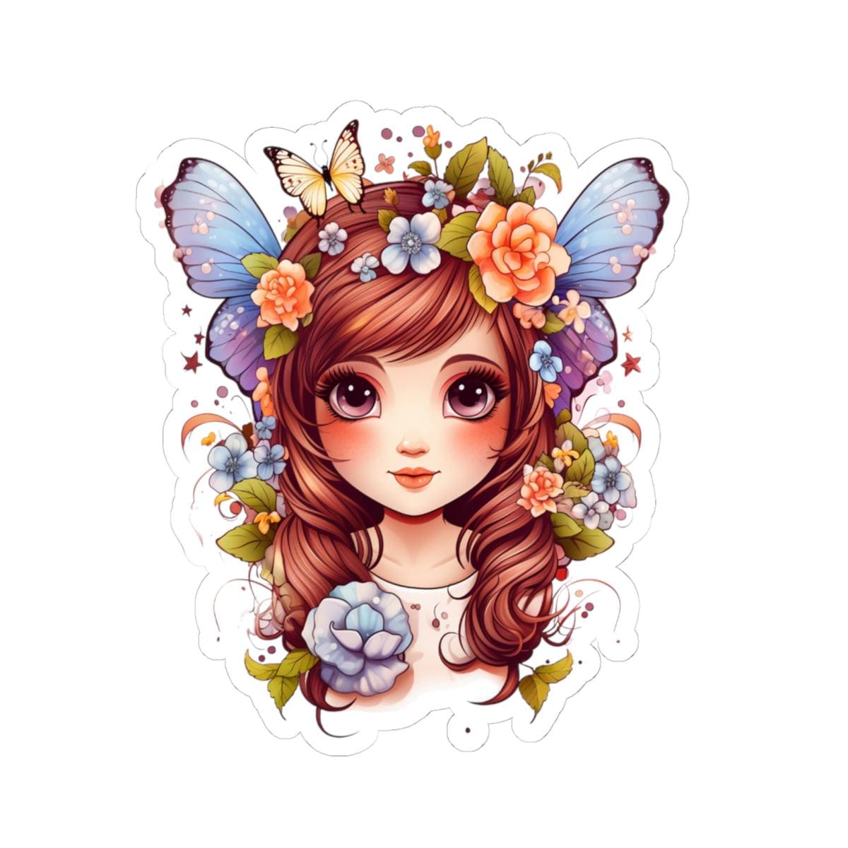Cute Brunette Fairy Sticker with Transparent or White edges,  Pretty Blue Fairycore fairy in beautiful Flowercore colors