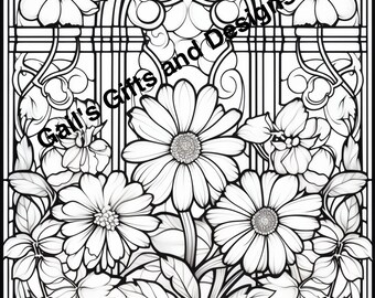 Flowers with Stained Glass Coloring Page for Instant Download, Adults and Children, Boho flowers, stained glass, garden scene for coloring