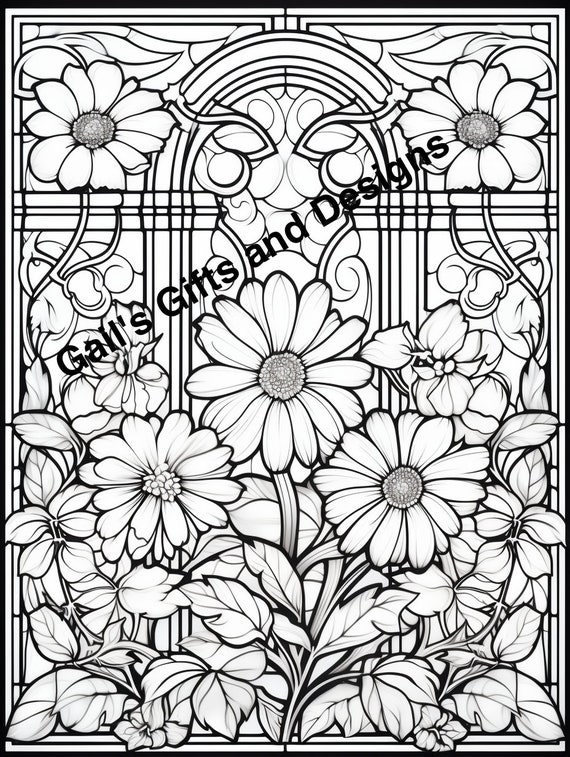 Flowers with Stained Glass Coloring Page for Instant Download, Adults and Children, Boho flowers, stained glass, garden scene for coloring