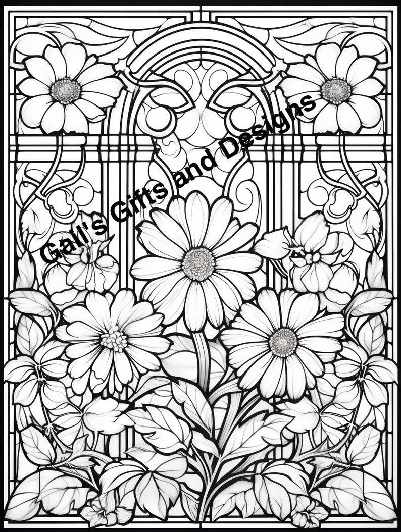 Flowers with Stained Glass Coloring Page for Instant Download, Adults and Children, Boho flowers, stained glass, garden scene for coloring image 1